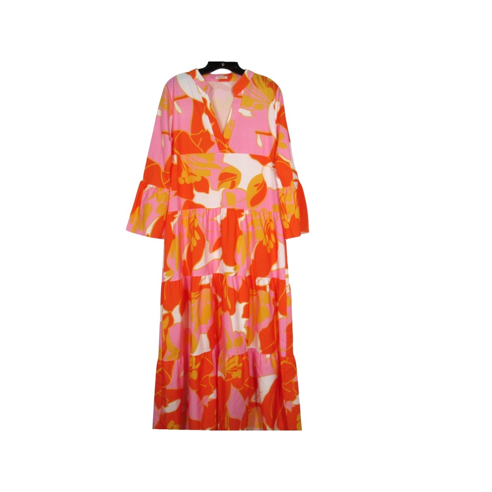 SUNDAY UP Orange/Yellow/Pink TROPICAL FLORAL Bell Sleeve TIERED MAXI DRESS Sz M